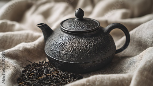 Traditional dark metal vessel rests beside a pile of dried leaves on draped textile