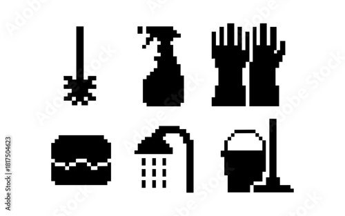 Pixelated cleaning tools set featuring gloves and mop
