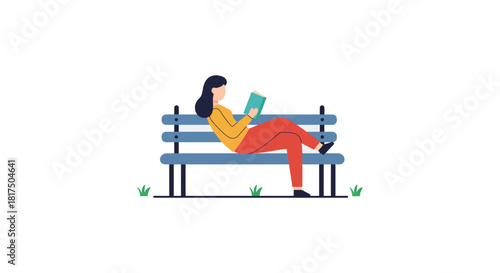 Woman reading book on park bench a relaxing moment in the outdoors ideal for illustrating leisure literature and quiet enjoyment of nature.