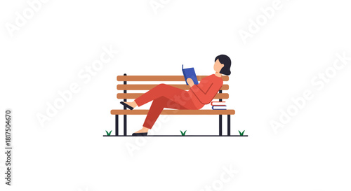 Woman reading a book on a park bench enjoying leisure time in nature with a stack of books illustrating relaxation and peaceful outdoor study