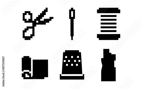 Retro pixel sewing icons: scissors, needle, thread, fabric, thimble, dress