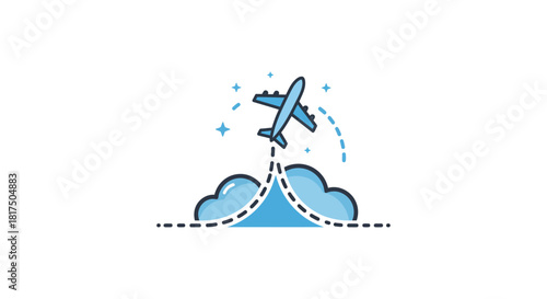 Airplane flight illustration commercial jet soaring through clouds dotted trails against white background ideal travel and adventure concepts.