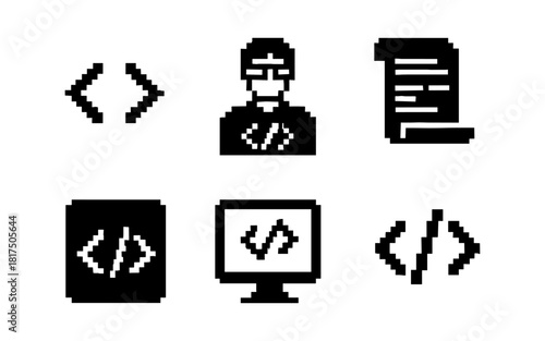 Pixel art icons: coding, developer, computer, code display, digital programming