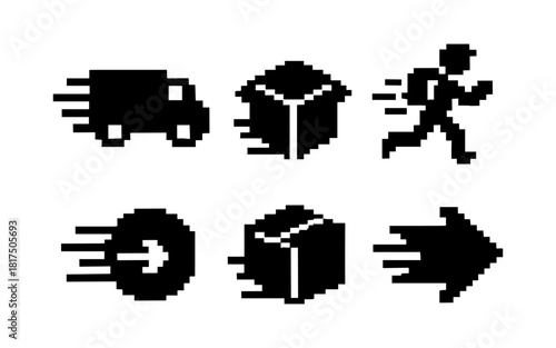 Pixel art icons: fast delivery, shipment, express logistics in retro style