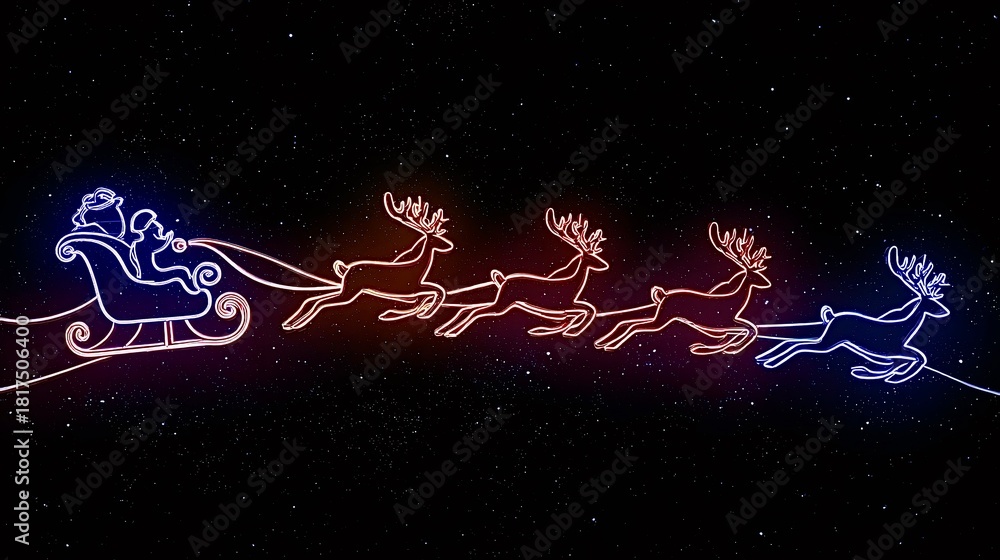 Fototapeta premium Santa claus flying sleigh with neon reindeer glowing at night