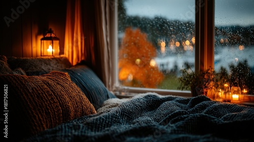 Cozy bedroom interior with view of lake through window at dusk.