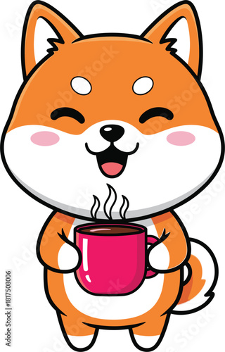 Adorable Happy Shiba Inu Dog Cartoon Mascot Vector Cuddling a Steaming Pink Mug of Hot Chocolate or Coffee, Perfect for Cozy Winter and Cafe Themes.