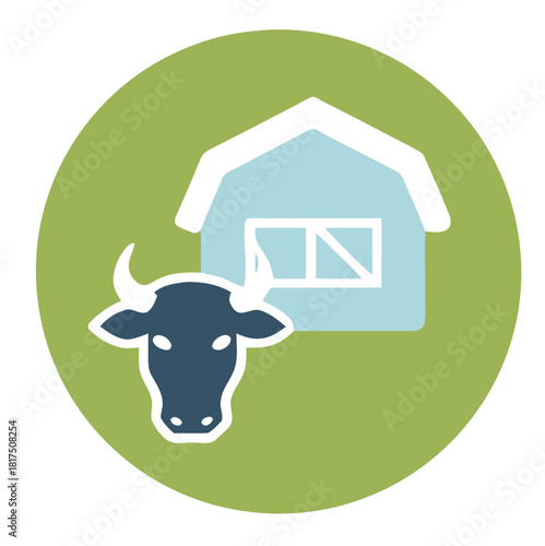 A cow with a blue face and a white barn in a circle