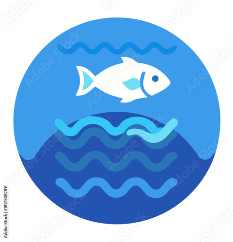 A white fish swimming in blue water within a circle