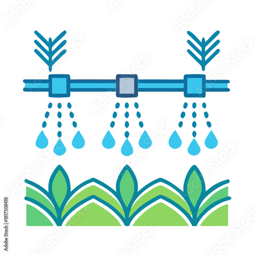 Irrigation system watering plants in a green field