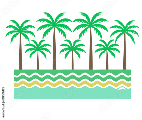 Palm trees on a beach beside ocean with clear sky