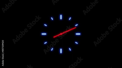 Minimalist clock face with red neon second hand spinning continuously on black background