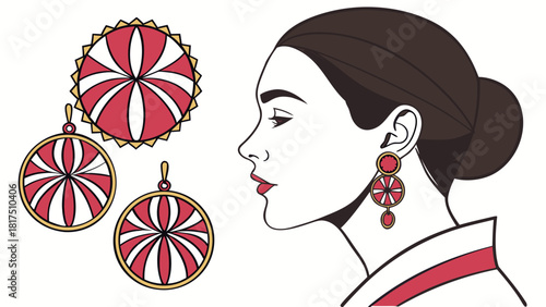 “Bold statement earrings vector illustration, large shapes, layered patterns, flat decorative colors, sharp outlines, eye-catching symmetrical design, polished SVG-style rendering.”