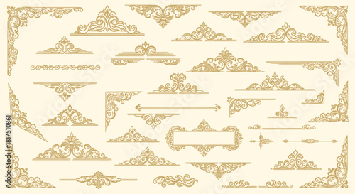 Collection of golden vintage decorative elements, borders, and corners on light background.