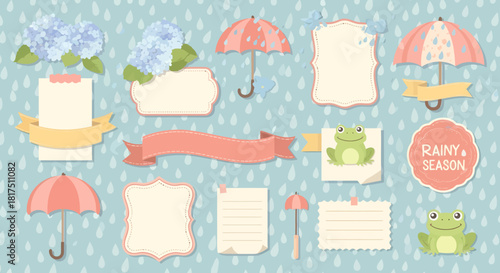 Rainy season themed scrapbook elements with umbrellas, frogs, flowers, and banners.
