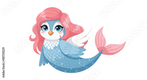 Adorable cartoon bird mermaid with pink hair and fish tail illustration.