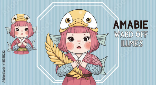 Cartoon Amabie character with duck hat and golden wheat, warding off illness.