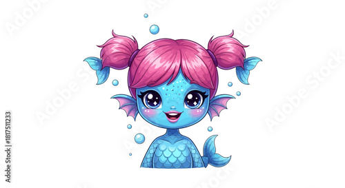 Cartoon mermaid girl with pink hair and blue skin smiles on white background.