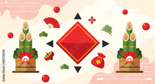 Japanese New Year decorations featuring kadomatsu, treasure bag, fan, and spinning top.