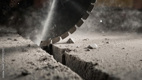 Close-up of a concrete saw cutting a deep groove into a concrete surface, creating dust and debris.