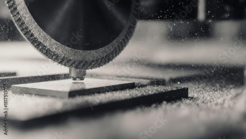 Close-up of a diamond cutting blade precisely slicing through a tile.