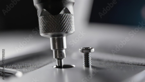 Close-up of a drill and screw on a metal surface, precision work.