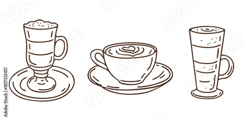 Hand drawn outline coffee assortment set with latte and cappuccino. Vector doodle illustration. 