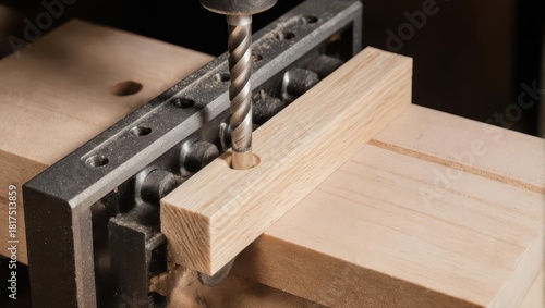 Close-up of a drill bit creating a hole in a wooden plank using a jig.
