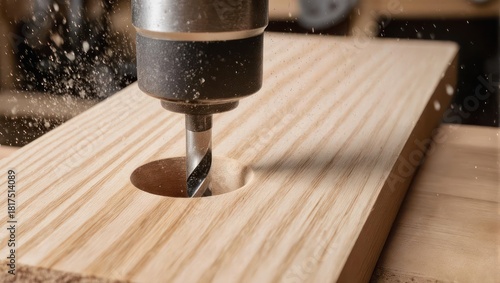 Close-up of a drill bit creating a circular hole in a wooden plank.