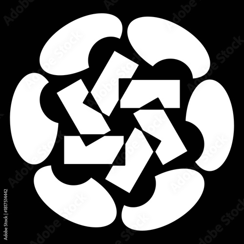 White geometric floral mandala on black background.