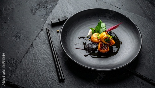 ダークスレート石のマットな表面を、控えめな光が静かに照らす背景素材です。
重厚でモダンな質感が、寿司・懐石・創作和食のプレート演出に最適です。
淡い陰影が料理の色味を引き立て、洗練された上質な空間を表現します。