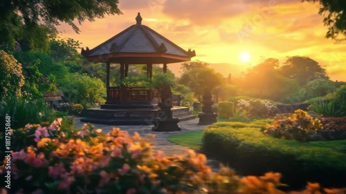Enchanting garden temple at sunset, a serene place for contemplation and spiritual exploration