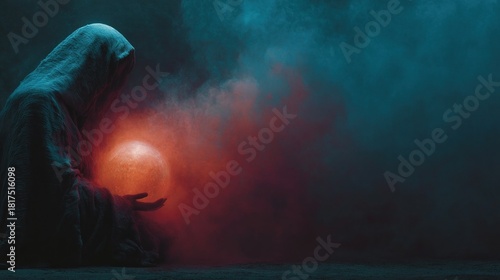 Mysterious figure in dark robes holding a glowing orb amidst ethereal smoke and darkness