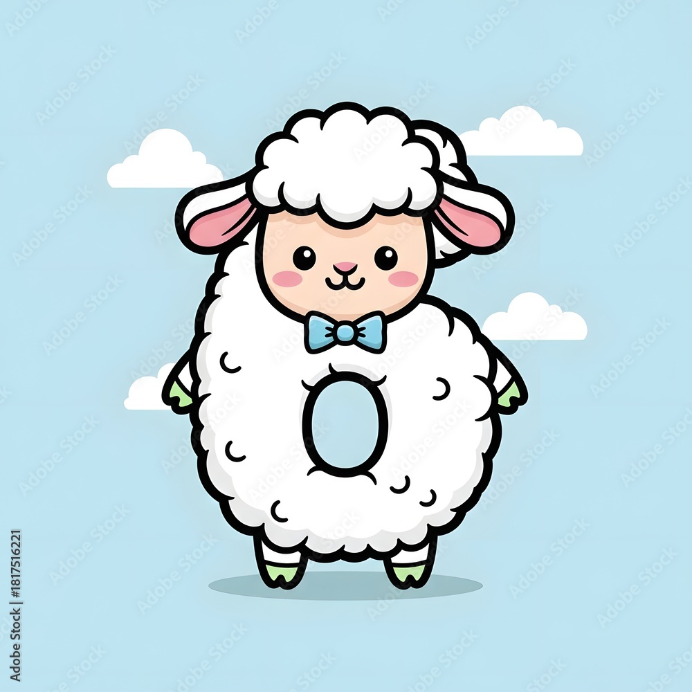Fototapeta premium Cute cartoon sheep with a bow tie, fluffy white wool, and a friendly expression, standing in front of a blue sky.