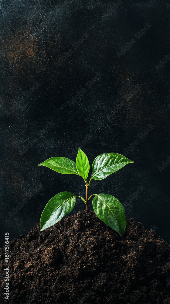 Naklejka premium Young green plant sprouting from a pile of rich soil in a corner symbolizing growth, new life, nature, and sustainability, perfect for environmental, gardening, or ecological visuals