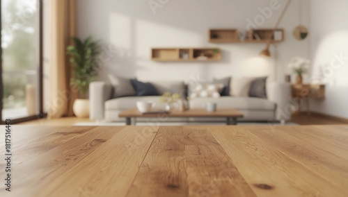Empty wooden table with blurred view of scandinavian living room.3d rendering