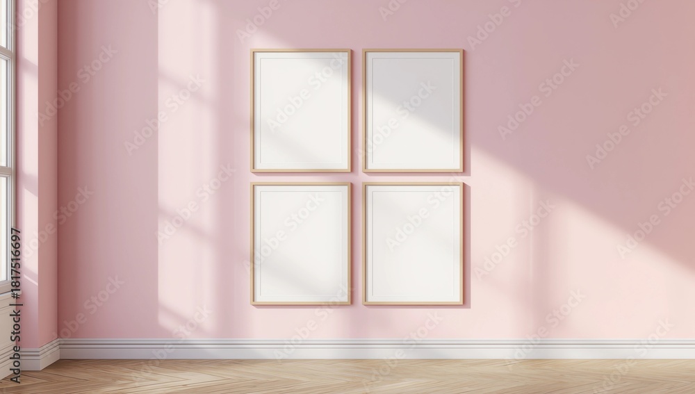 Fototapeta premium Four 10x10 White Frames Mockup. Four White Frames on a pink wall.