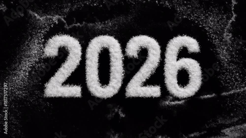 A festive “2026!” graphic design mask transition featuring bold white 3D text with a soft blue outline, placed over a frosty, icy, snow-textured background full of winter atmosphere, with alpha mask. 