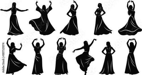 Elegant dancing women silhouettes in flowing dresses performing graceful movements, artistic female dancer poses collection for design, decoration, and creative projects