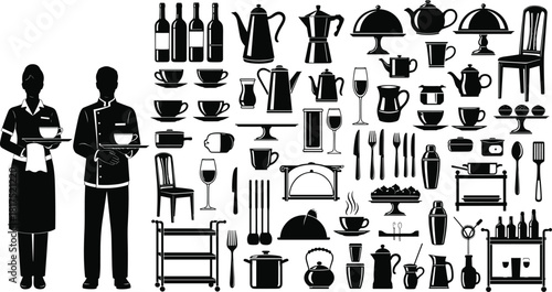 Collection of restaurant, kitchen, and hospitality silhouettes featuring chefs, waiters, utensils, cookware, tableware and service equipment for culinary design projects