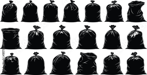 Collection of garbage bag silhouettes in various shapes and sizes, plastic trash bags set for waste management, cleaning, disposal and sanitation design