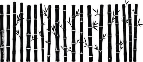 Collection of bamboo stalk silhouettes with leaves in vertical arrangement, minimalist nature design elements perfect for Asian themes, decoration and botanical graphics