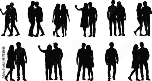 Collection of romantic couple silhouettes in various poses, walking, standing and taking selfies, perfect for love, relationship, people and lifestyle designs
