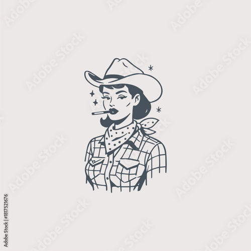 Vintage Cowboy Woman Smoking Cigarette, Western Cowgirl Illustration, Retro Rodeo Lady Vector Art, Old West Female Character, Rustic Western Logo & T-Shirt Design Clipart