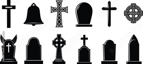Collection of cemetery tombstone and cross icons featuring gravestones, memorial symbols, religious elements and funeral graphics in simple black silhouette style