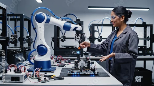 An engineer interacts with a robotic arm in a lab surrounded by 3D printers and electronics