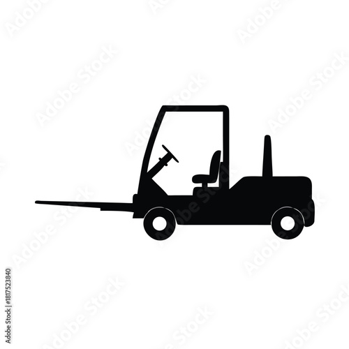 A simple black silhouette of a forklift truck with forks extended against a plain white background view