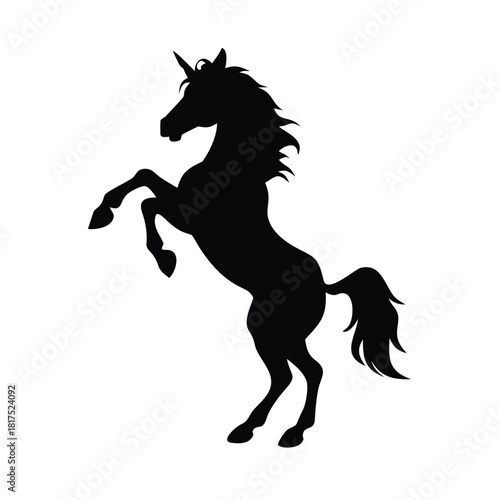 A striking silhouette of a unicorn rearing up on its hind legs against a plain white background image view