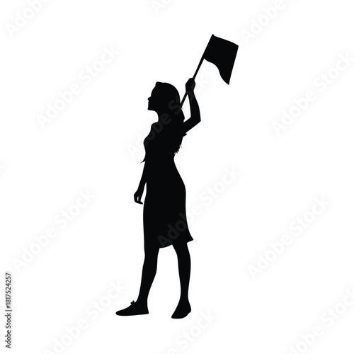 Silhouette of a woman holding a flag up high against a white background in a powerful stance image