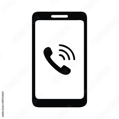 A simple black and white illustration of a smartphone with a phone call icon displayed on the screen